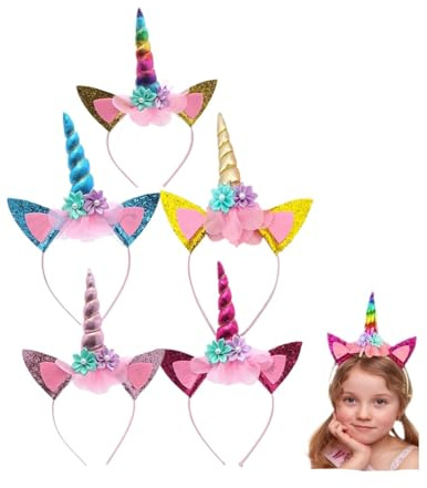 Generisch 5 Stück Unicorn Horn Stirnband, Birthday Stirnbänder Krone, Kindergeburtstag Haarreif, Einhorn-Form, Haarband aus Kunststoff, Haarschmuck für Ostern Geburtstag Party Karneval