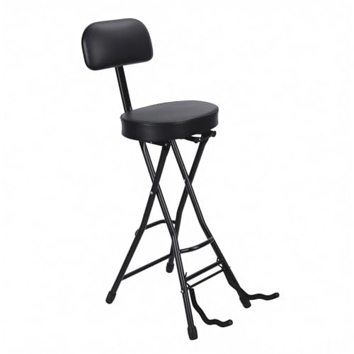 Padded Guitar Stool, Folding Guitar Seat with Built In Guitar Stand, Collapsible Musician Stool with Backrest and Foot Rest, Guitar Chair for Acoustic Electric Bass, Studio Practice Stage (Black)