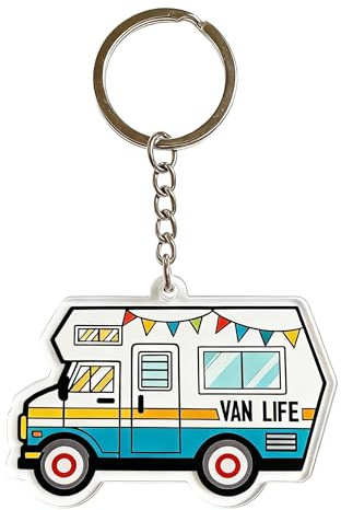 Van Life Keychain, Camper Van Design with Colorful Bunting, Acrylic Charm, 2.20 Inch, Travel Theme Accessory