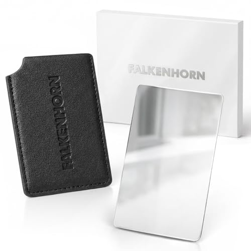 Falkenhorn Handspiegel klein inkl. Schutzhülle – Taschenspiegel aus Edelstahl im Kreditkartenformat, Kosmetikspiegel/Schminkspiegel für Handtasche & Reise, 8,5 x 5,5 cm - Schwarz 1er