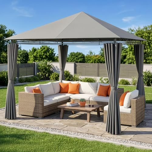 LEADZM Pavillon 3x3m, Stabiler Eisenrahmen, Wasserdicht Winddicht UV-Schutz, Gartenpavillon Outdoor Gazebo, mit 4 Seitenwänden,Partyzelt für Garten Hof Party und Freizeit (Grau, 3x3 m)