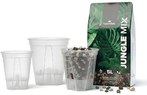 NatureHolic Selbstbewässernder Pflanztopf mit Mineralsubstrat Set Junglepot & Jungle Mix 5L - transparenter Topf gegen Trauermücken & Staunässe - Semi-Hydroponik für Zimmerpflanzen