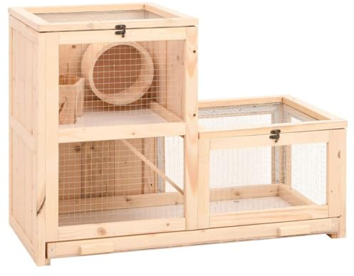 HETFTJN Hamsterkäfig aus Massivholz Tanne 81x40x60 cm - 2 Etagen Kleintierstall für Hamster Mäuse Rennmäuse und Meerschweinchen - Nagerkäfig mit Laufrad und Drahtgitter
