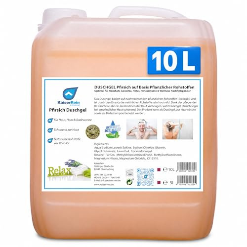 KaiserRein Duschgel Pfirsich, 10 L Kanister – 3-in-1 für Körper, Haare & Bad, Großpackung/Nachfüllpack für Duschgelspender, pH-neutral, vegan, mikroplastikfrei, paraben- & EDTA-frei