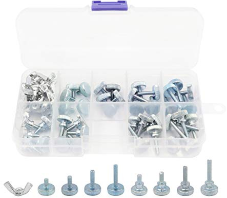 LBY 80pcs Knurled Hand Screw, M3 Flat Knurled Head Fully Threaded Thumb Screws and Wing Nuts 9 Sizes Assortment Kit, Carbon Steel, Galvanized