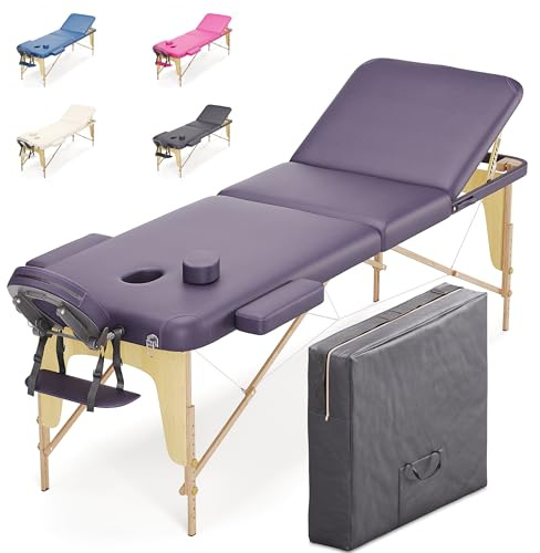 BELTOM® Table de Massage 3 Zones Classique Portables 180 x 56 cm. - ne pèse Que 13,2 kg. et avec Accessoires 15,5 kg. - Cosmetique lit esthetique Pliante Reiki + Sac - Violet
