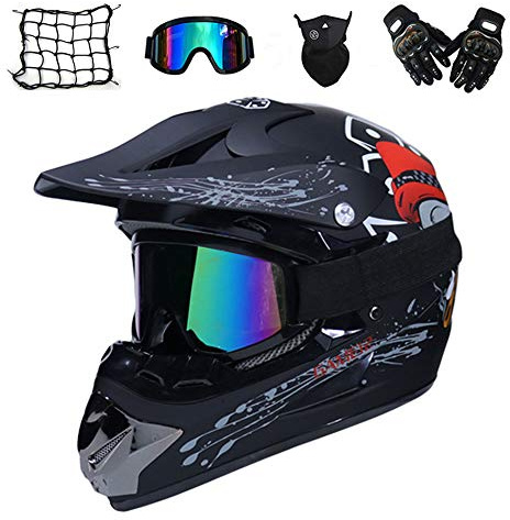 MRDEAR Motorcykelhjälm, vuxen motocrosshjälm svart/skalle, crosshjälm med glasögon handskar mask motorcykel nät, fullface MTB-hjälm mopehjälm för kvinnor män, L