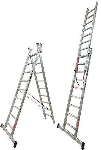 BTF Escalera de Aluminio Extensible 2 tramos transformable en Tijera, 2,5+2,5 Metros, 9 peldaños por Tramo | Ideal para Trabajos en casa, Chalet, finca Rural o Local Comercial. BTF-EDB6725