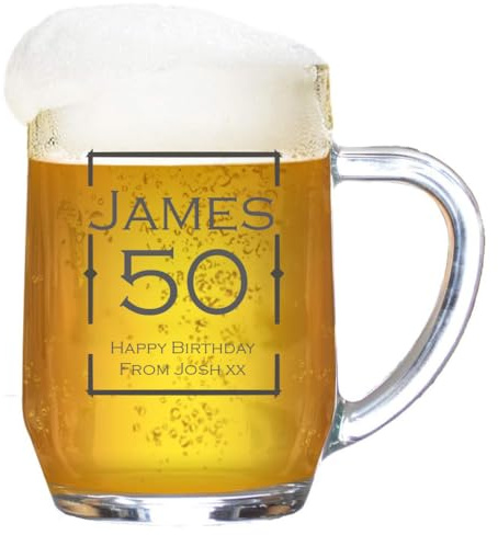 Personalised Beer Tankard ‘Modern Lines’ Engraved Glass Stein | 1 Pint Beer Mug with Protective Box | Ideal Birthday Gift for Friends and Family | Customise with Any Message and Name, 590 ml