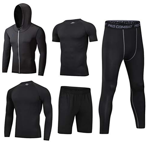 LucaSng Män 5 delar kompression funktionella underkläder sportkläder set, sportdräkt snabbtorkande jogging kläder tights löpkläder tröja gym träning löpning träningsoverall