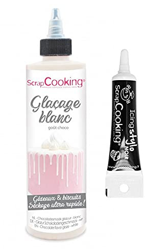 Glaçage goût chocolat 130 g blanc + Stylo de glaçage noir