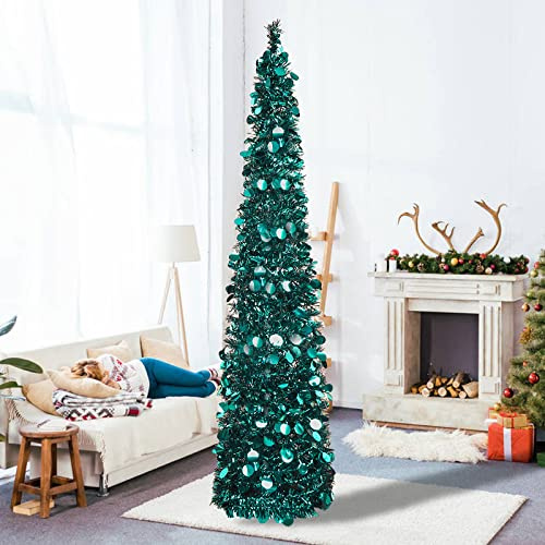 1,5 m großer Pop-Up-Lametta-Weihnachtsbaum, zusammenklappbar, künstlicher Bleistift, schmaler Weihnachtsbäume für Heimdekoration, Innenbereich, Urlaub, Party-Dekorationen, Blau WOKEISE