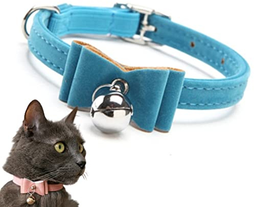 FIGARO CATS STORE - Collare per gatto in velluto regolabile: Elastico, antistrozzo, di cotone morbido, sicuro, con campanello rimovibile e doppio fiocco papillon (Azzurro))