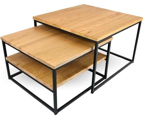 holz4home® Couchtisch 2er-Set aus hochwertigem Eichenholz I Wohnzimmertisch aus Massivholz I Tisch Set aus Echtholz mit Ablage I Ausziehbarer Beistelltisch im Industrial Style