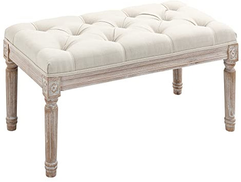 HOMCOM Banc Banquette Classique capitonné 80cm Bout de lit Rembourrée en Lin - Bois d'hévéa sculpté, patiné - Beige