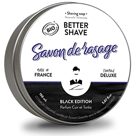 MONSIEUR BARBIER Rasierseife 100% natürlich & französisch, Black Edition TONKA, traditionelle Bartseife, auf Basis von Sheabutter und Kokosnuss, BIO und VEGAN, 150 ml