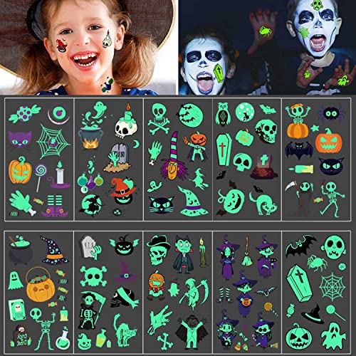 Halloween Tattoos, 10 Blätter Im Dunkeln leuchten Tattoos für Kinder Erwachsene, Kürbis Fledermäuse Hexe Skeleton Ghost Tattoos für Halloween Party Deko