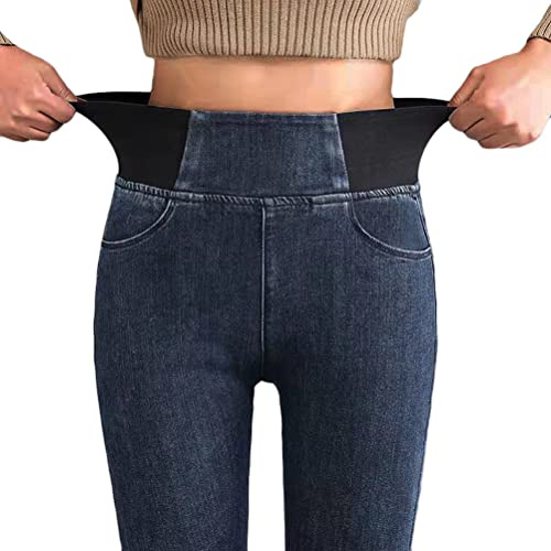 Onsoyours Leggings da Donna Imitazione Jeans a Vita Alta Jeggings Pantaloni Casual Tinta Unita Slim Pantaloni Denim Elasticizzati Attillati A Blu Scuro 3XL