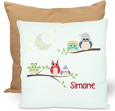 CreaDesign, Kinder Kissen 40x40 cm personalisiert mit Namen, Kinderzimmer Deko Kissen Kinder mit Füllung Federn, Motiv Eulen, Rückenfarbe Beige