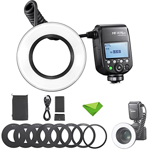 Godox MF-R76C TTL Macro Ring Flash 76Ws HSS 2.4G Wireless GN14 CCT 5900K 550 Full-Power Flashes, 0.1-1s Recycle Time Dual-Flash Tubes Speedlight for Canon Cameras for Animal, Plant Photography, etc