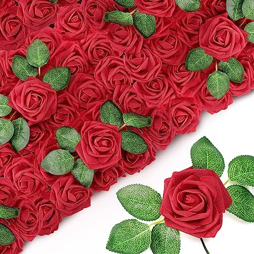 Sherr 250 Pcs Artificial Roses Flowers Bulk Fake Rose with Stem Faux Bridal Flower Centerpiece for Wedding Valentine's Day Christmas Tree Decorations Bridal Shower Party DIY Bouquet(Burgundy)