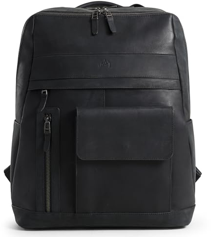 Black Leather Backpack for Men & Women - Large Capacity Laptop Travel Backpack with 17 Sleeve - Vintage Travel Bag with Adjustable Straps, Multiple Pockets & Trolley Sleeve - 34cm x 15cm x 40cm
