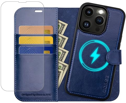 OCASE Abnehmbare Hülle iPhone 13 Pro Max Handyhülle 2-IN-1 [Magnetische Hülle] [Kabelloses Laden] [Displayschutz] [Kartenfach] RFID Schutzhülle Etui Klapphülle(2in1) Blau