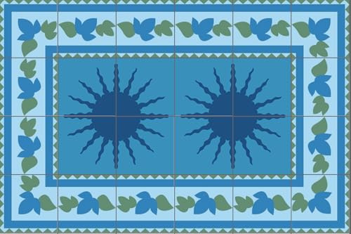 Fliesenteppich Fliesenbild - Zementfliesen (blau, Bordüre Blätter, 24, Sonne)
