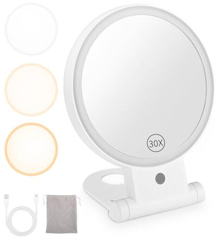 LEAZZLE Specchio Ingranditore 30X Specchio Trucco,Specchio Trucco con Luci,Ricaricabile 3 Modalità Illuminazione,Specchio Ventosa 360° Girevole Portabile Luce avec sac de rangement,Girevole 360 gradi