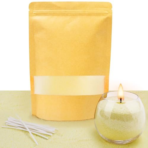ALLAVA Kerzensand mit Docht, Kerzensand 400g mit 20 Docht 10cm, Perlenkerzen mit 20 Kerzendocht ohne Basis, Kerzen Sand, Pearled Candle, Wachsgranulat für Wachskerze Selber Machen (Flaches Gelb)