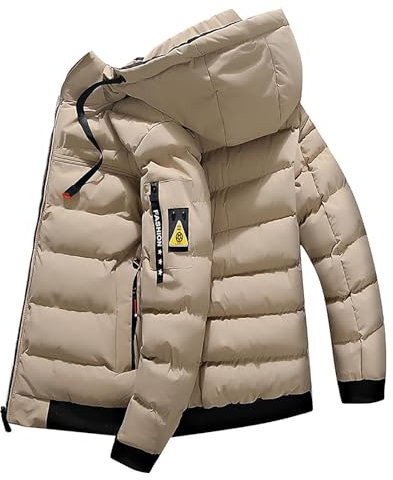 Mens Down Jackets Lightweight Winter Long Sleeve Outdoor Hooded Coat Solid Color Casual Thicken Warm Jacket Windproof Mens Quilted Coat for Camping Walking Travelling Khaki