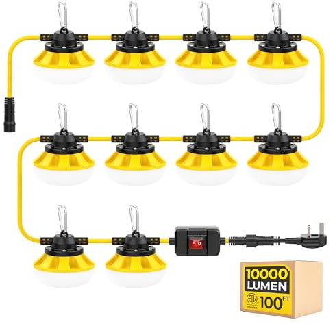 HYANGLUX 100FT 100W LED String Light with Switch,2 * 1.0mm,ETL,IP65 | Linkable up to 8 Sets,210° Beam Angle,5000K,Construction Temporary Lights,Hanging Hook,for Jobsite,Attic,Garage