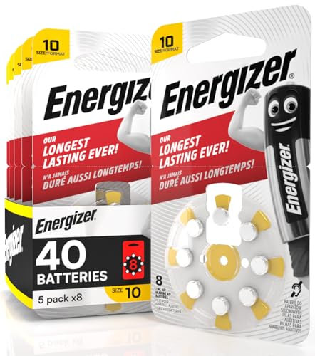 40 Batterie Acustiche Energizer per Apparecchi Acustici Auricolari Misura 10 Giallo Senza Mercurio - 5 Confezioni da 8 Pile