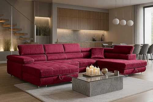SOFILAND Wohnlandschaft Aller Moon U XXL-Ecksofa mit Schlaffunktion und Zwei Bettkästen. (Dunkelrot/kastanienbraun, Rechts)