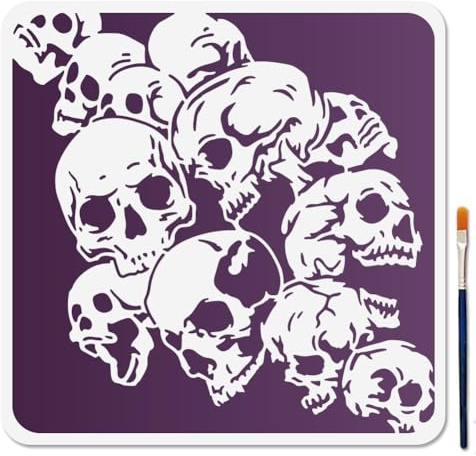 MAYJOYDIY Totenkopf Hintergrundschablone Totenkopf Stapel Schablone 30×30cm Mit Pinsel Wiederverwendbare Horror Skelett Vorlage Zum Bemalen Auf Wänden Fenstern Heimwerkerarbeiten Heimdekoration