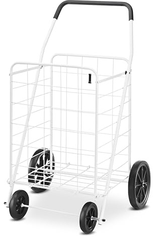 Whitmor Deluxe Utility Foldable Shopping Cart with Wheels, 100 Lb Capacity, Heavy Duty Grocery Cart with Steel Frame, Foam Handle, Rolling Folding Utility Trolley for Grocery, Laundry, Travel, White
