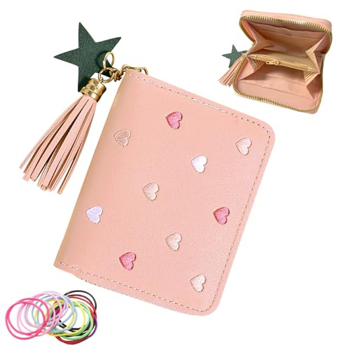 Portefeuille pour filles, portefeuille mignon en forme de cœur pour femmes, petit porte-monnaie en cuir, porte-monnaie, élégant, jeune et mignon, porte-cartes pour femmes, filles et femmes (rose)