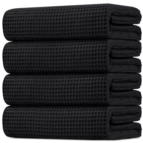 HOMEXCEL Waffle Bath Towels Set 4 Pack, Premium Microfiber Bathroom Towels, Lightweight, Highly Absorbent and Quick Dry Towel for Bathroom, Gym, Shower, Hotel, and Spa, 30 x 60 Inch, Black