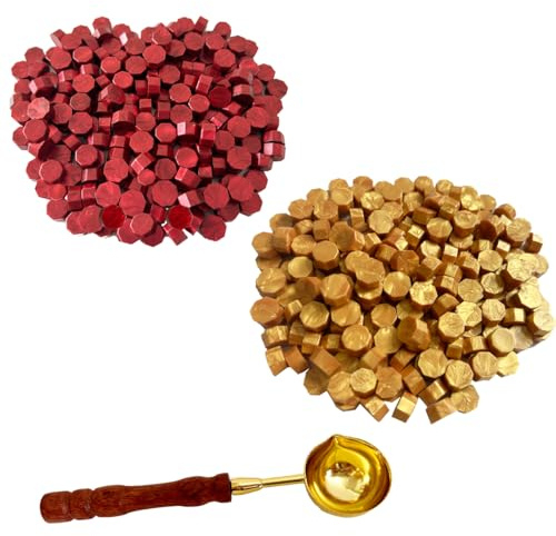 BJOYEE 400 Stück Siegelwachs, Siegelwachs Perlen mit 1 Schmelzlöffel, achteckiges Wachssiegel-Set für Stempel, für Einladungen/Umschläge/Karten/Weinpakete/Geschenkverpackungen(Rot+Gold)