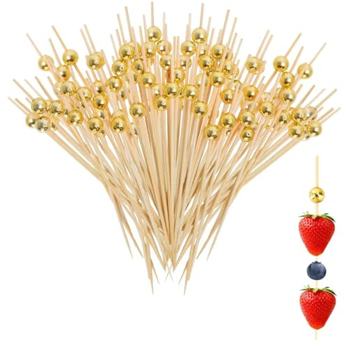 OHREN 100 unidades de palillos para cócteles, palillos para aperitivos, adornos para cócteles, palillos de bambú para snacks, brochetas de fiesta con perlas doradas, decoración para buffet