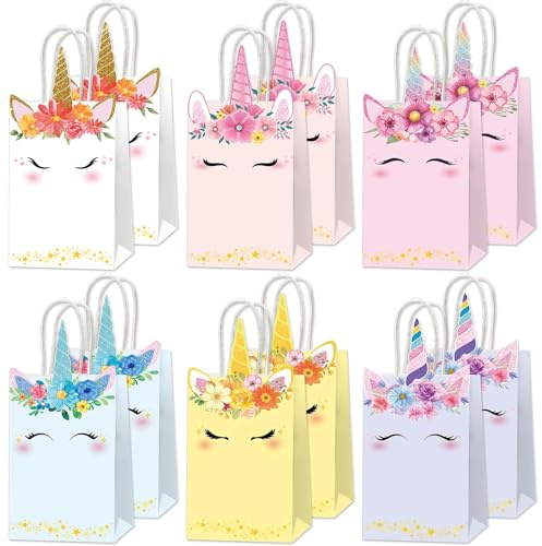 ZOIIWA 12 x Einhorn-Partytüten mit Regenbogen-Thema, Pastell-Einhorn, Süßigkeitentüte, Prinzessinnen-Papier-Geschenktüte mit Griff, Dekorationen für Geburtstag, Babyparty, Hochzeit, Party