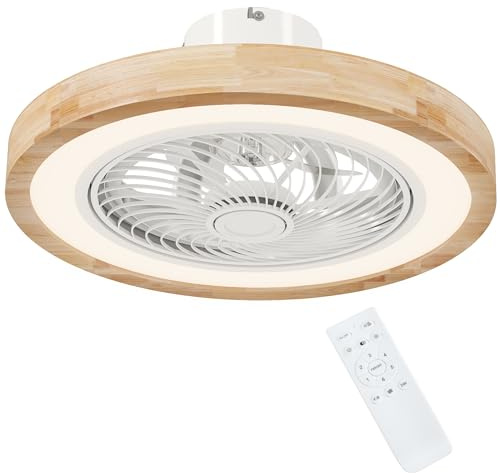 HOMCOM Deckenventilator mit Beleuchtung und Fernbedienung, Ø50 cm, 40 W Dimmbare LED Deckenleuchte mit Ventilator, 6 Geschwindigkeiten, Timer, umkehrbar DC Motor, Lampenschirm aus Holz, Natur