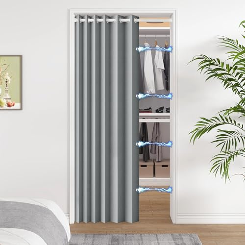 HMYI 100% Blackout Magnetic Folding Door Curtain, Accordion Style Door Curtain for Doorways Privacy, 1 Panel, W52 x L78, Grey