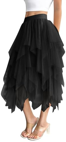 Zhiaek Falda Tul Mujer Cintura Elástica Falda Tutu Mujer 3 Capas Irregular Faldas Ballet Larga Casual Elegante para Carnaval Semana Santa Fiesta Halloween Prom Negro M