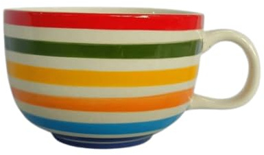 B2SEE Große Kaffee Tasse/Becher aus Keramik, 500 ml bunt bauchig handbemalt (bunt gestreift waagerecht)