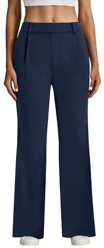 SEAJOJO Womens Dress Straight Leg Pants Stretchy Work Trousers Navy Blue | High Waist, Pull on, Breathable Soft Fabric, Pleated Front, Business Casual Slacks with Pockets
