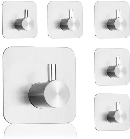 JRILUO 6er Set Haken Selbstklebend Edelstahl 4,5×4,5 cm, Klebehaken Handtuch Hakenlänge 2,6 cm, Klebehaken Silber Metall, Handtuchhalter Ohne Bohren, Wasserfest, Edelstahl Selbstklebend fürs Bad