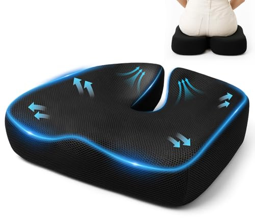 kelav Cojín para Coxis Ergonómico, Cojín de Espuma con Memoria Alivio de Presión para Silla de Oficina, Coche, Silla de Ruedas, Funda Lavable y Base Antideslizante, Negro