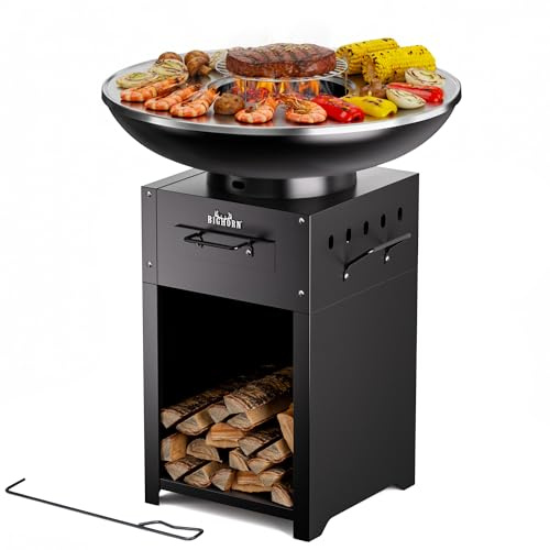 Big Horn Outdoors Plancha Grill, Fire Bowl with 60cm Stainless Steel Teppanyaki and BBQ Grill Plate, Outdoor Kitchen for Garden Party,Camping Outdoors Cooking