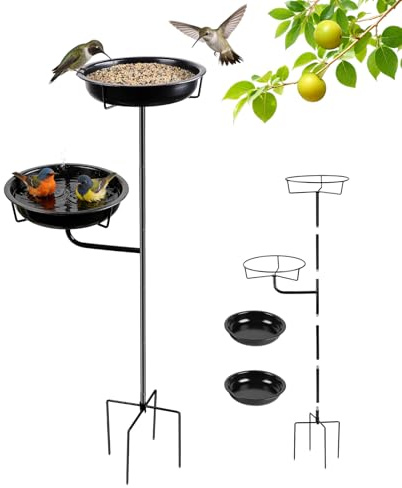 SWAWIS Bains d'oiseaux pour l'Extérieur Autoportant avec 2 Ø 27x5cm Métal Oiseaux, Hauteur 101cm, Mangeoire Oiseaux de Jardin, Décoration de Jardin(Noir)